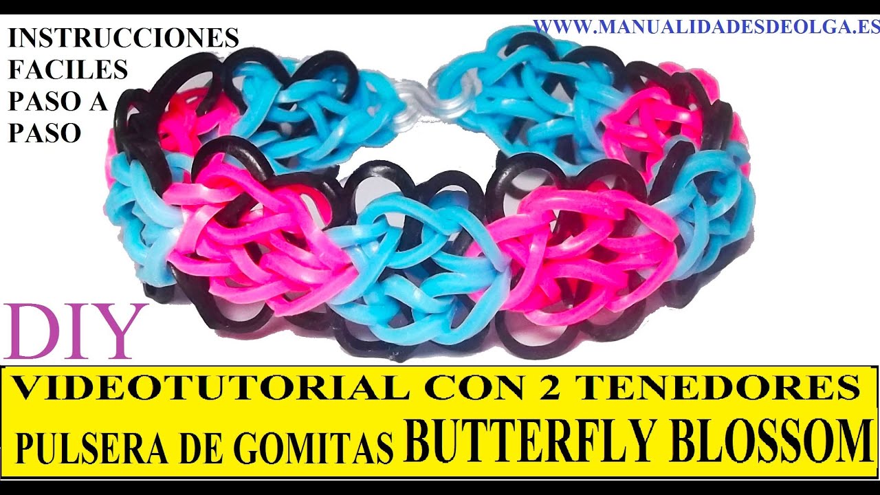 COMO HACER PULSERA DE GOMITAS BUTTERFLY BLOSSOM CON DOS TENEDORES. VIDETUTORIAL DIY.