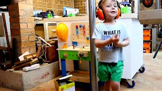 4-year-old Ollie Painting and moving his Workbench into the Woodshop to do Projects with Pop.