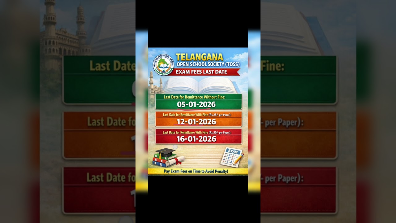 Extension of Telangana Open School Society (TOSS) SSC and Open Inter Exam Fees 2026 Exams.