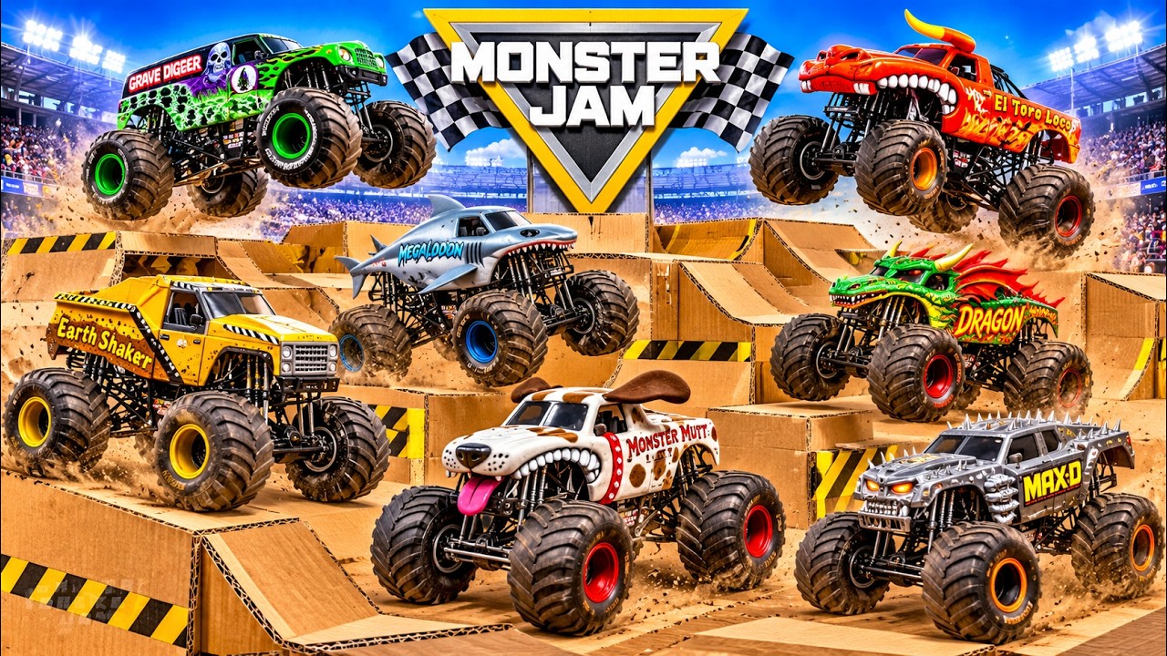 Megalodon vs Earth Shaker vs Monster Mutt! 🏁 Monster Jam Toy Truck Race ...