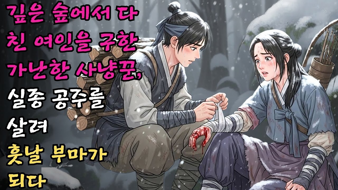 깊은 숲에서 쓰러져 다친 여인을 돌본 가난한 사냥꾼, 실종된 공주를 구해 훗날 부마가 되다. 