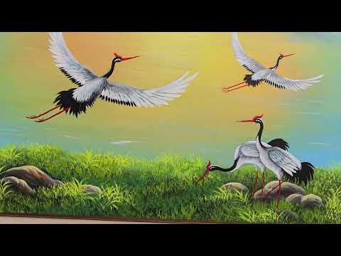 TRANH SƠN THỦY HỮU TÌNH CÂY TÙNG VÀ ĐÀN CHIM HẠC - TRANH PHONG THỦY