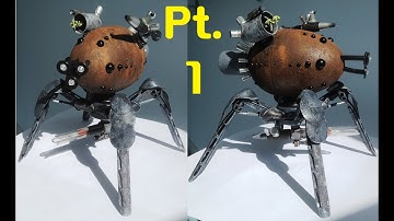 Trash bashed Spider-bot pt.1. Scratch built up-cycled robot made from rubbish. Sci-fi art.