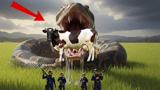The brave rescue team fought with the giant python to save the poor cow