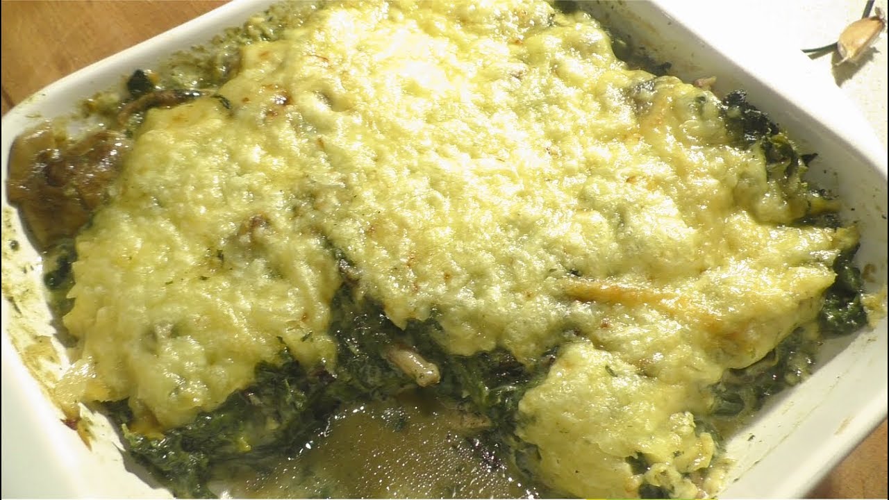 Запеканка с курицей, грибами и шпинатом