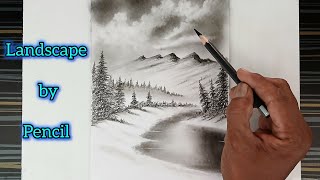 Simple landscape scenery drawing by pencil with easy ways.