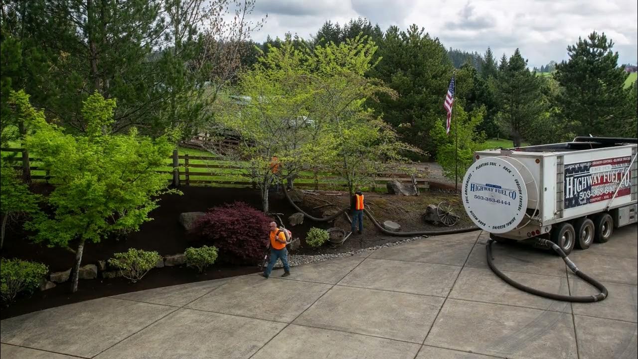 Blower truck bark mulch installation YouTube