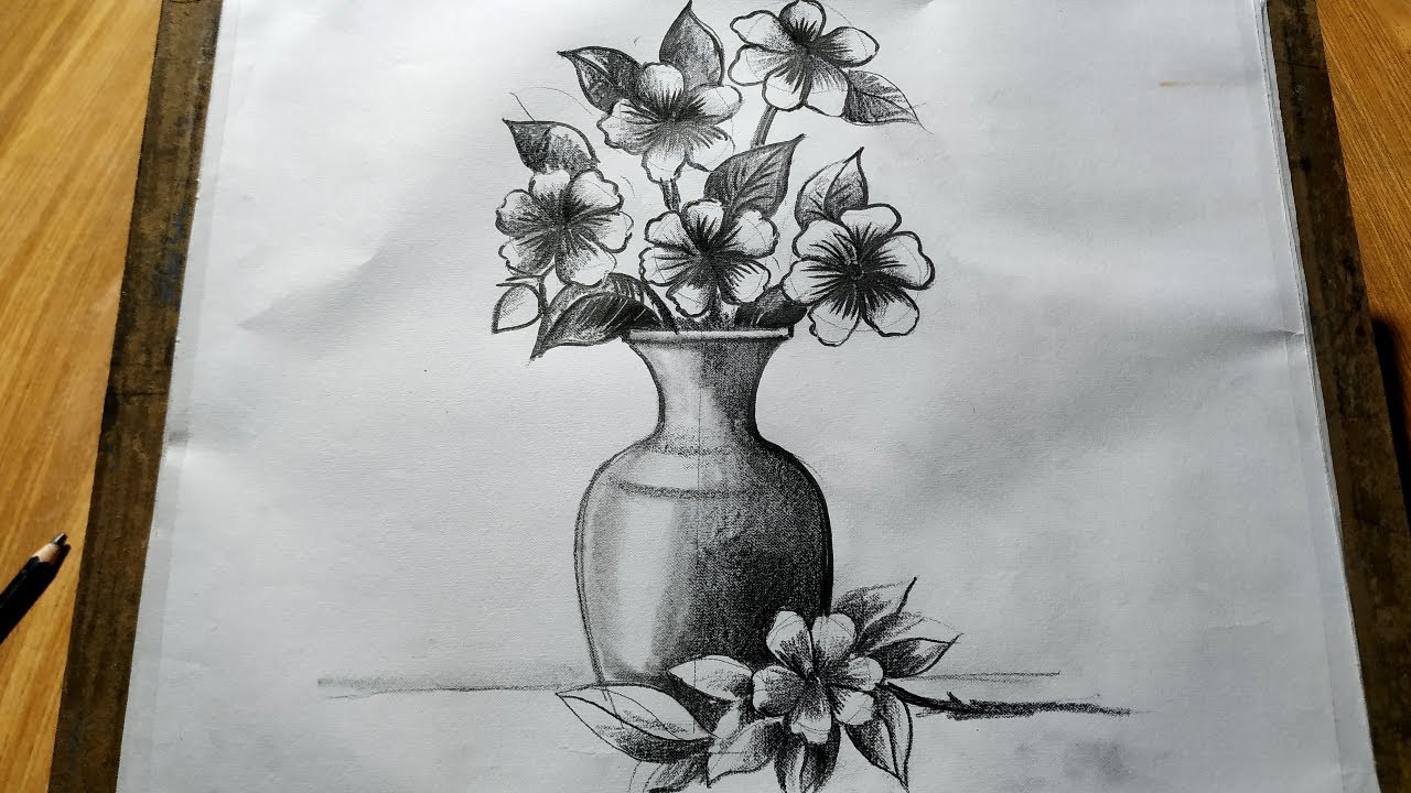 how to draw flowers with vase pencil sketch drawing,flower pot ...