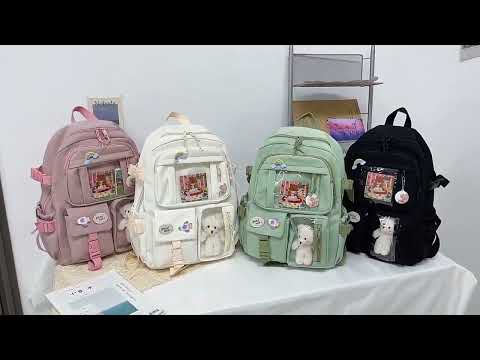 Mochila Feminina Escolar de Nylon Multi-Bolso Impermeável Kawaii