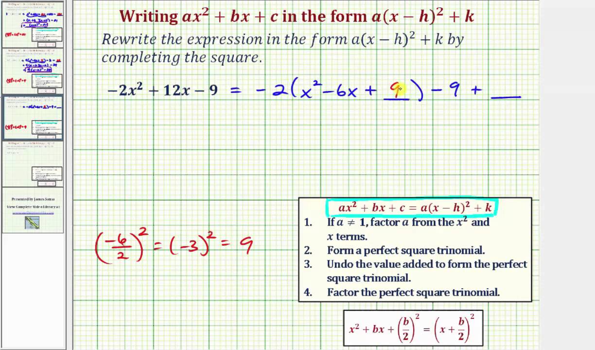 Ex Write Ax 2 Bx C In The Form A X H 2 K Negative A Youtube