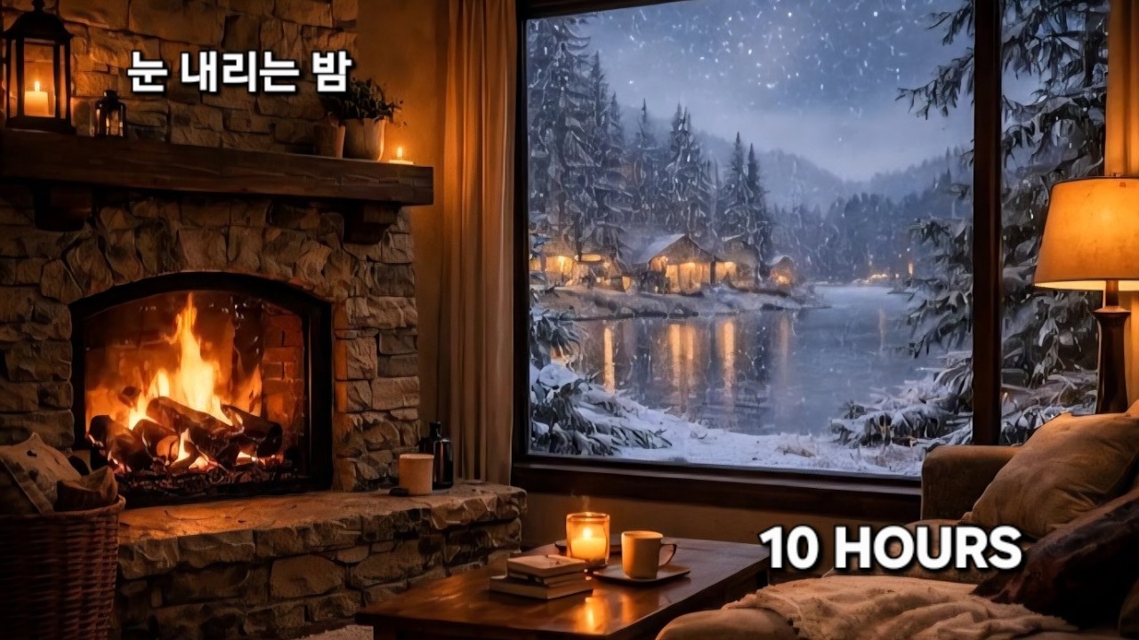 눈 내리는 겨울밤 벽난로🔥10시간 장작소리, Snow Fireplace Sleep,  Cozy Winter Ambience, 10 Hours Deep Sleep