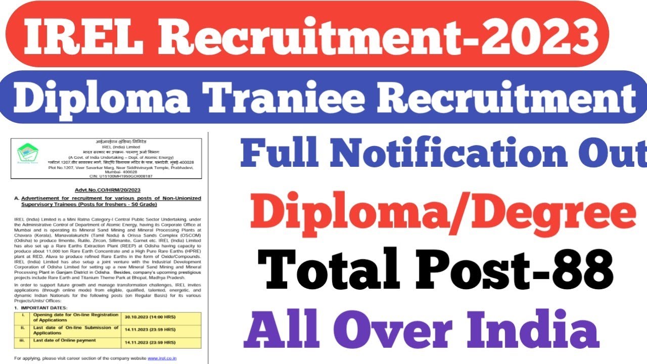 IREL Diploma Traniee Recruitment Out||Diploma/Degree||Freshers/Experience Eligible||Official Update