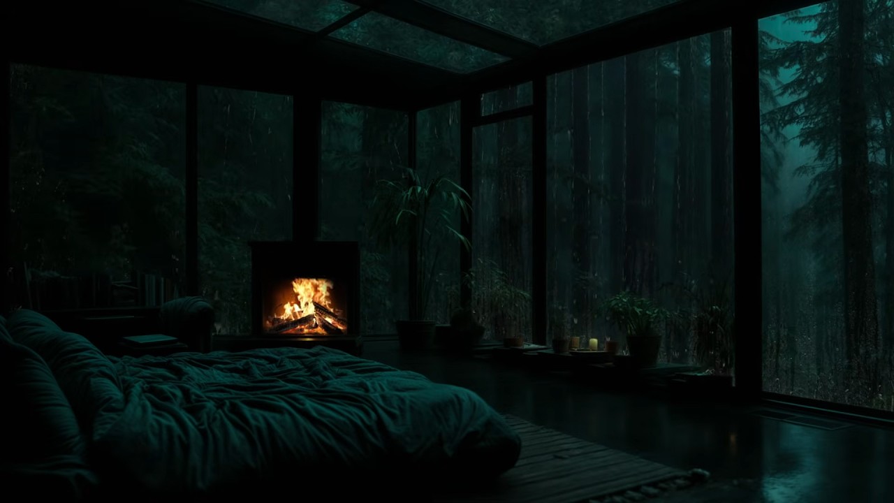 98% Fall Asleep Instantly 😴🌧️ Deep Forest Rain & Cozy Fireplace in a ...