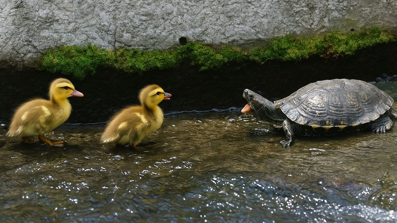 Утка-мама не бросает своих детёнышей. Черепаха помогает одному—но другого смывает 🐢🐥💔