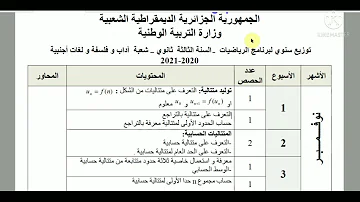 التوزيع السنوي لبرنامج مادة الرياضيات السنة الثالثة ثانوي شعبة آداب وفلسفة ولغات أجنبية 