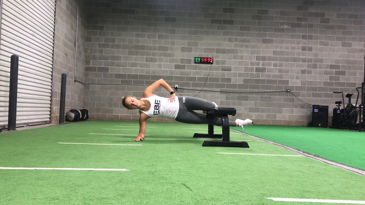 Elevated Bent Knee Adductor Side Plank with Bottom Leg Abduction
