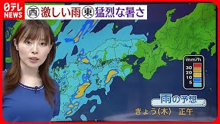 【天気】西日本では太平洋側を中心に激しく降る所も  東日本と東北は安定して晴れる見込み