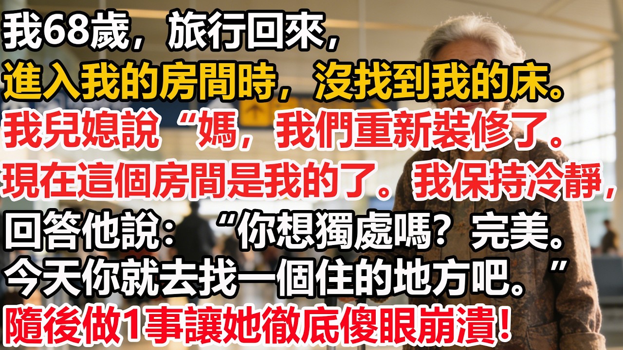 我68歲，旅行回來，進入我的房間時，沒找到我的床。我兒媳說“媽，我們重新裝修了。現在這個房間是我的了。我保持冷靜回答他說：“你想獨處嗎？完美。今天你就去找一個住的地方吧。”隨後做1事讓她徹底傻眼崩潰！