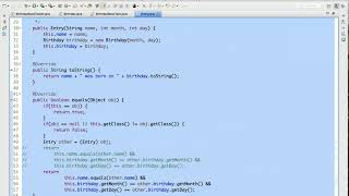 CS2 Java Tutorial Birthday Book App 06 Entry Class, equals method