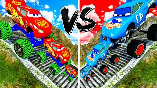 Big & Small: Mcqueen with Spinner Wheels vs Long Monster Truck Tow Mater vs Thomas Trains - BeamNG