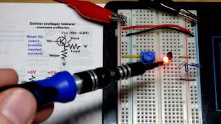 NPN BTJ Emitter Follower Demo Circuit Red LED 220 Ohms 5V 10k trimpot