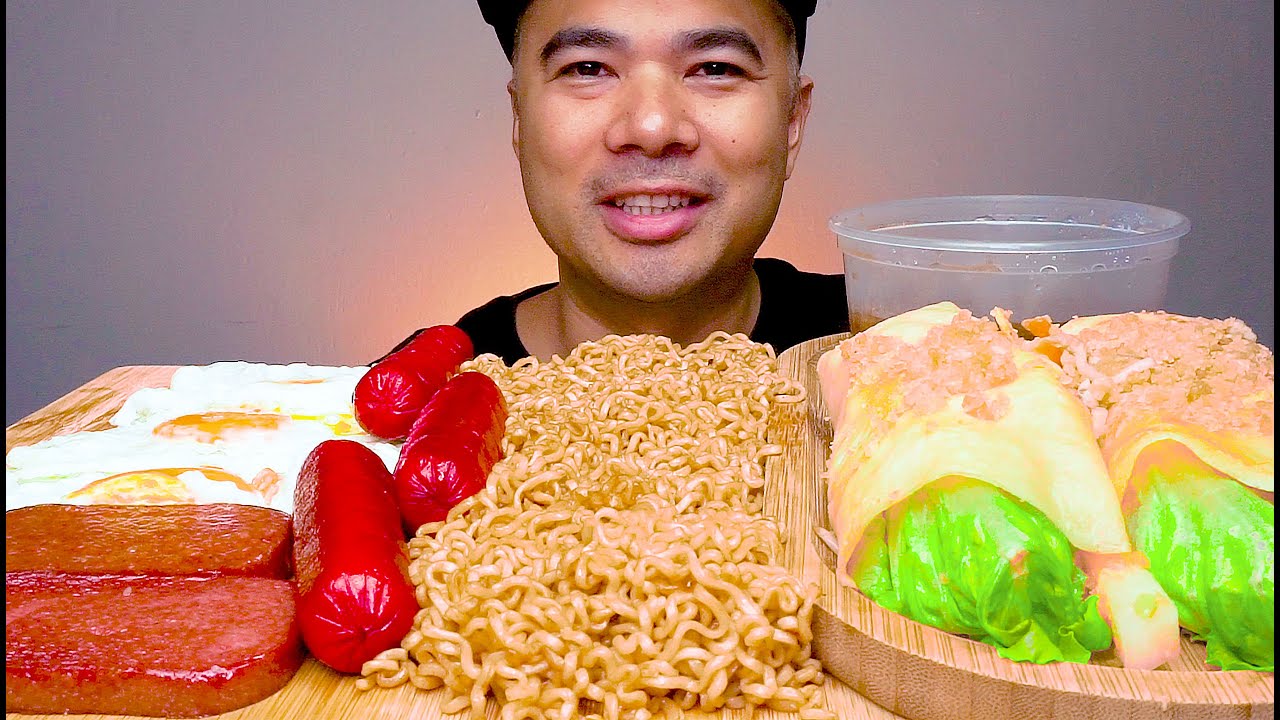 JUMBO HOTDOG PUREFOODS | SPAM | LUMPIA SARIWA | PANCIT CANTON | FRIED EGG | BIG BITES | MUKBANG ASMR