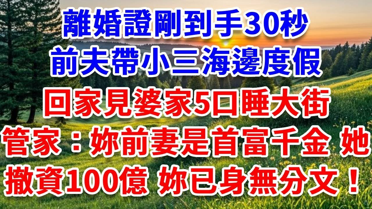 離婚證剛到手30秒，前夫帶小三海邊度假，回家見婆家5口睡大街，別墅管家：妳前妻是首富千金，她撤資100億，妳已身無分文！#詩涵講故事#為人處世#生活經驗#情感故事#晚年哲理#說故事#完結文#原創故事