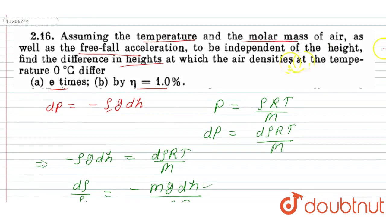 Assuming The Temperature And The Molar Mass Of Air As Well As The Free Fall Acceleration To Be Youtube