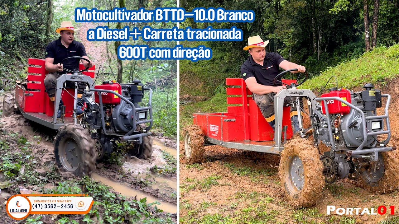 Motocultivador BTTD 10.0 a Diesel @brancomotores + Carreta tracionada 600T com direção #maquinafort