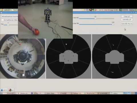 First part of my thesis. The robot recognizes orange blobs and points to the biggest one with its arms. The next step is to make the robot walking towards the ball. The robot is a Kondo khr-1hv. Code is writing using c++, openCv and gtkmm. Matteo Finotto, Computer Science & Information Engineering, University of Padua. IT+Robotics - Humanoid Robots - www.it-robotics.it IT+Robotics - Omnidirectional Vision - www.it-robotics.it