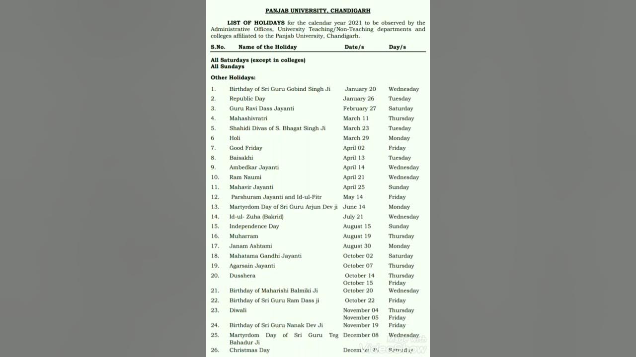 PU Holidays Panjab University Chandigarh Holidays Calendar 2021 YouTube