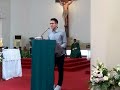 Kesaksian Jonathan Christie (Jojo) diberi kesempatan oleh Romo Blasius Sumaryo, SCJ untuk berbicara di mimbar Gereja pada Perayaan Ekaristi hari Minggu, 2 September 2018 