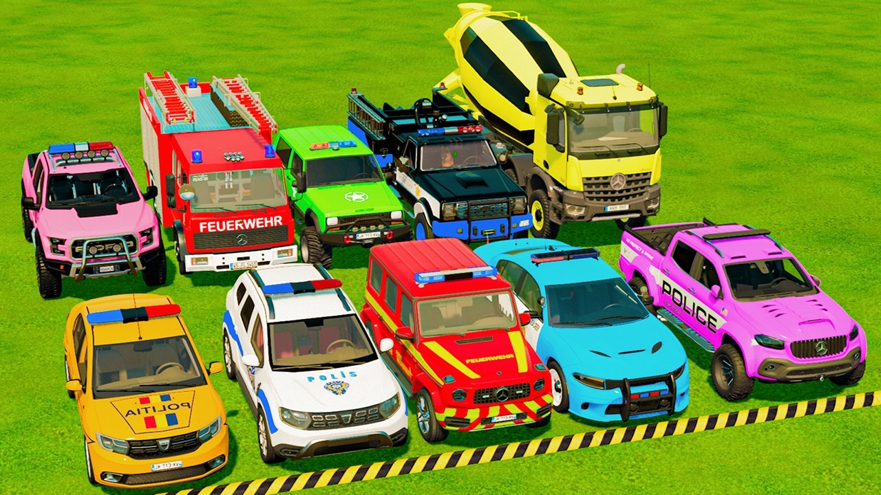 TRANSPORTING POLICE CARS, AMBULANCE, FIRE TRUCK, COLORFUL CARS WITH TRUCK -FARMING SIMULATOR 22!