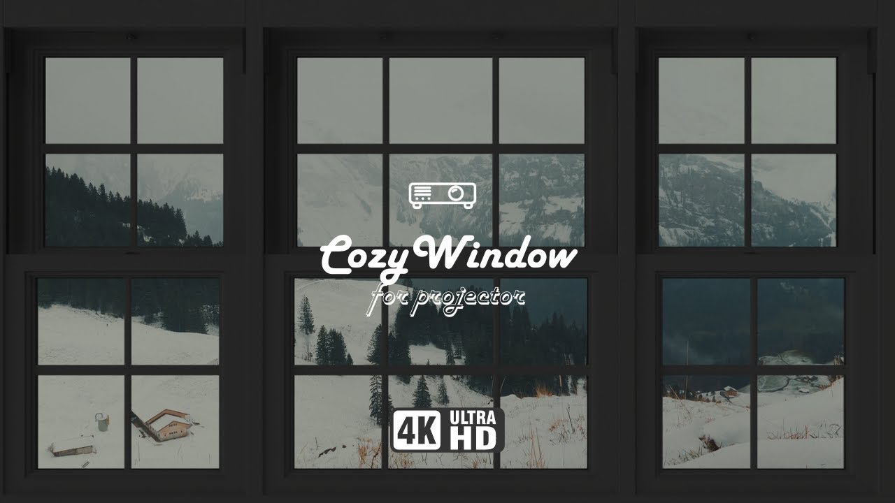 4K FAKE WINDOW PROJECTION SNOWY MOUNTAINS, WINTER AMBIENCE, WIND ...
