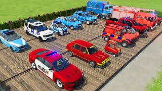 TRANSPORTING CARS, FIRE TRUCK, POLICE CARS, AMBULANCE OF COLORS! WITH TRUCKS! - FARMING SIMULATOR 22
