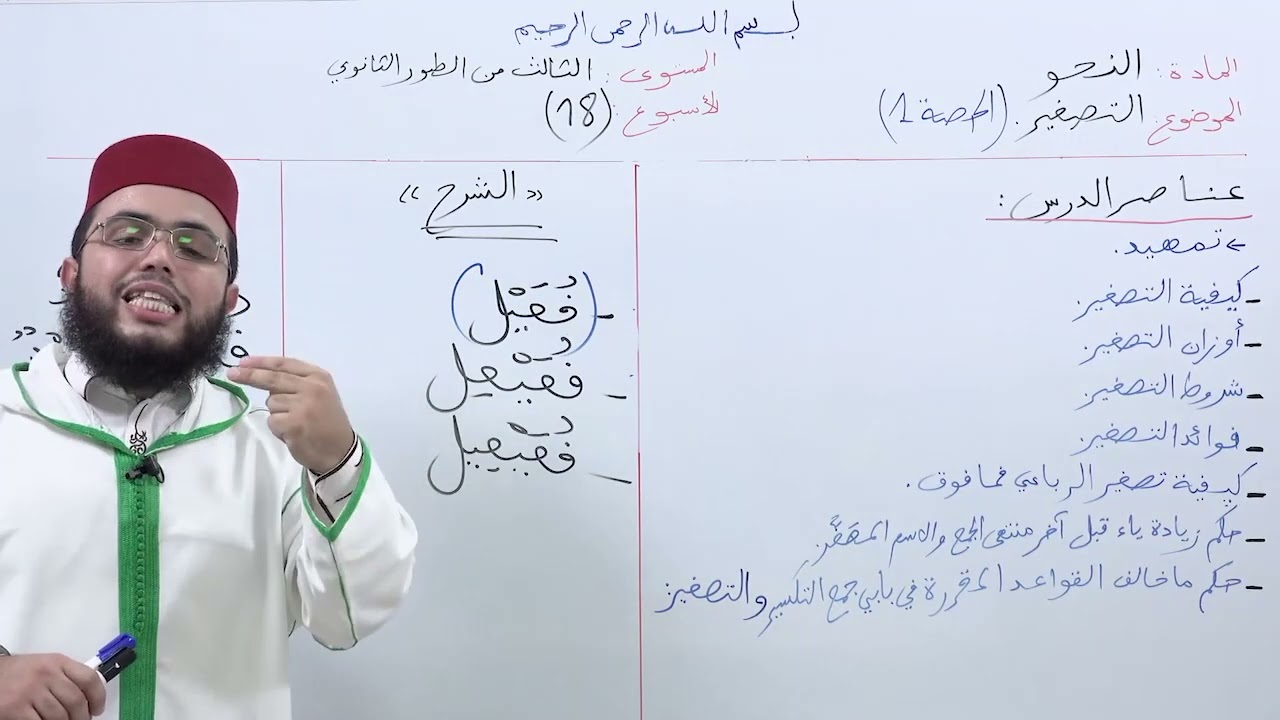 الأسبوع 18: التصغير، حصة (1) / شرح ألفية ابن مالك مادة النحو الثالثة ثانوي عتيق.
