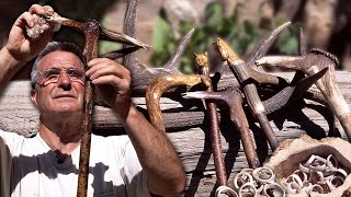 Staff grips and rings carved from deer antlers freshly fallen from the animal