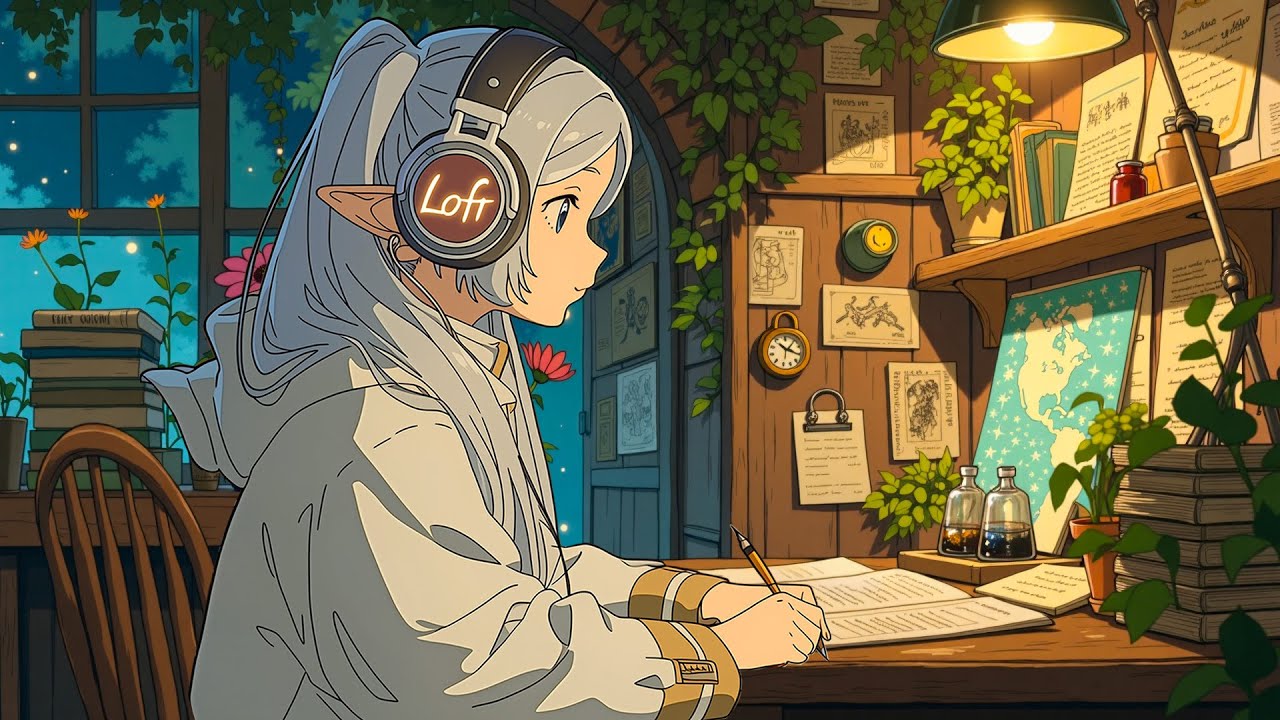 Quiet Night Study Anime Lofi Hip Hop ☕ Cozy Magic Room Vibes for Focus, Relax & Calm