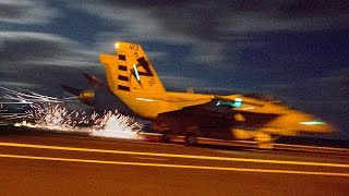 Sparks Fly All Over As Aircraft Carrier Launches/Recovers F-18s With Electromagnetic Systems