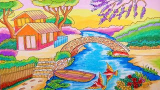 Cara Menggambar Rumah Perahu Jembatan Batu Sungai Kecil Dan Pemandangan Dengan Crayon/Oil Pastel