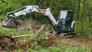 Excavator septic install prep; bobcat e42 r2 pulling stumps & land clean up Southern Illinois