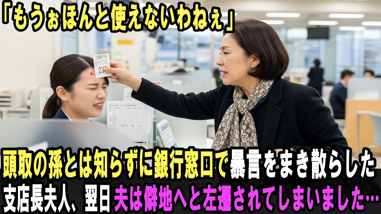 頭取の孫だとは知らずに銀行で暴言を吐き散らした支店長の妻。翌日、夫は僻地へ左遷されていきました…