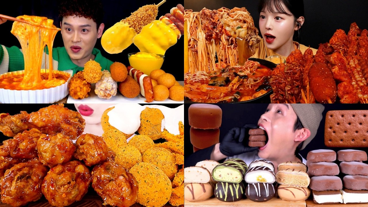 Sweet and Spicy Mukbang with Corn Dogs Chicken and Desserts