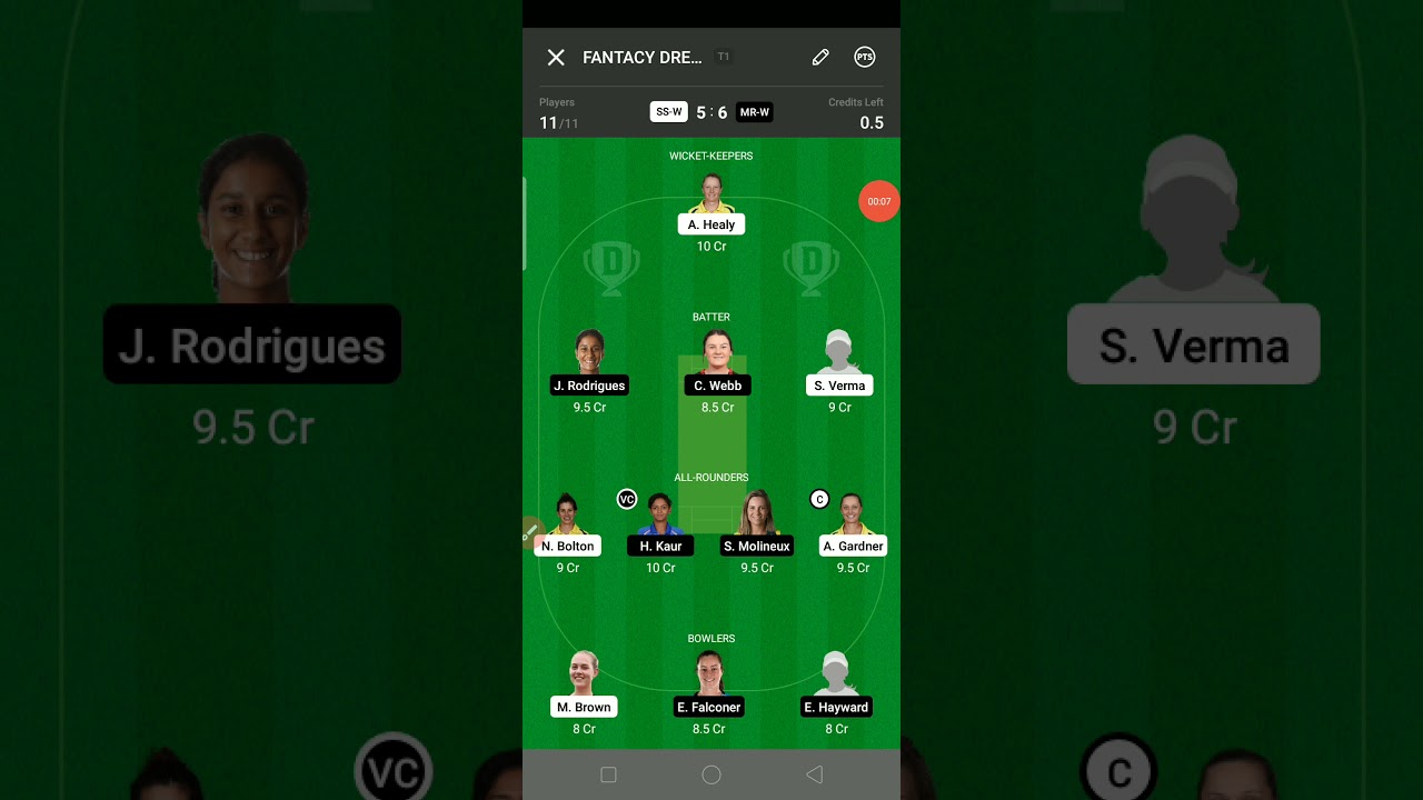 SS-W VS MR-W cricket match dream11 team 🤑 