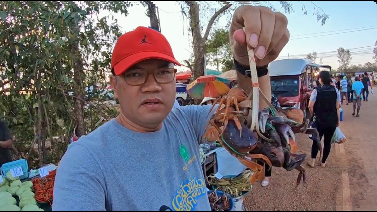 asian food in local thai market , nakhon phanom province thailand 🔴 ตลาดนัดบ้านหนองบัว นครพนม