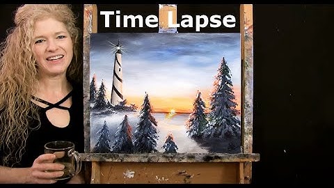 TIME LAPSE - Learn How to Paint SUNSET WINTER LIGHTHOUSE - Fun Acrylic Step by Step Landscape Lesson