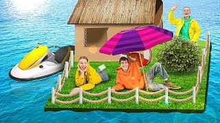 HOW TO MAKE CAMP ON THE WATER? || Floating House in the Sea! || Cardboard House By One More