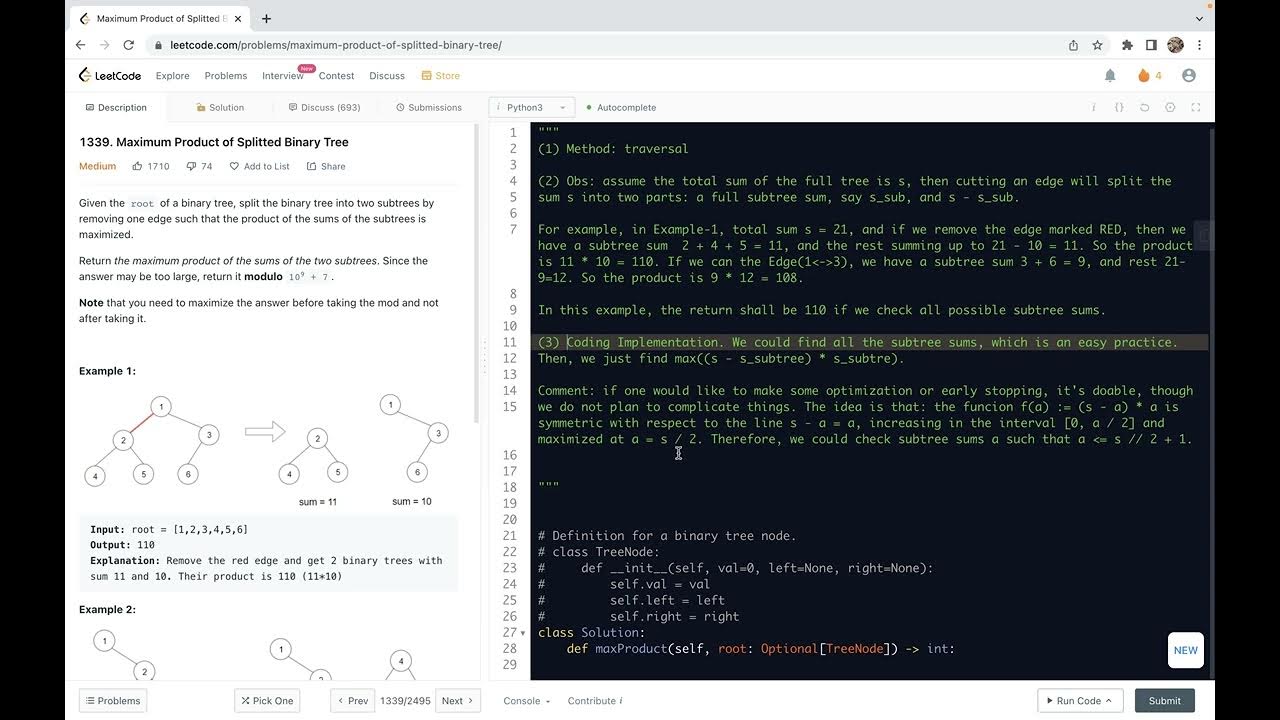 leetcode 1339. Maximum Product of Splitted Binary Tree - traversal ...
