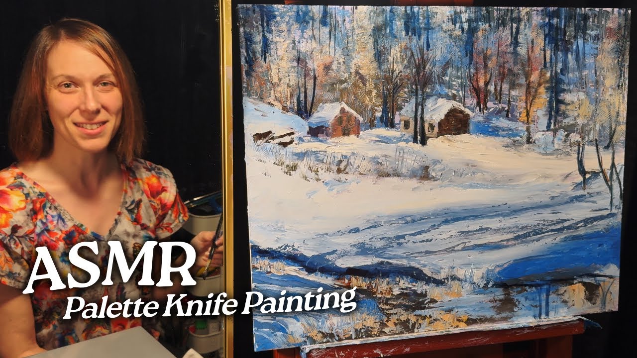 ASMR Palette Knife Painting: Cabins on a Snowy Hillside (Soft Spoken, 2 Hours)