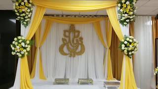 Fabric Mandap Setup - Ivory & Yellow theme with Gold Ganesh with Fresh  Flowers - YouTube